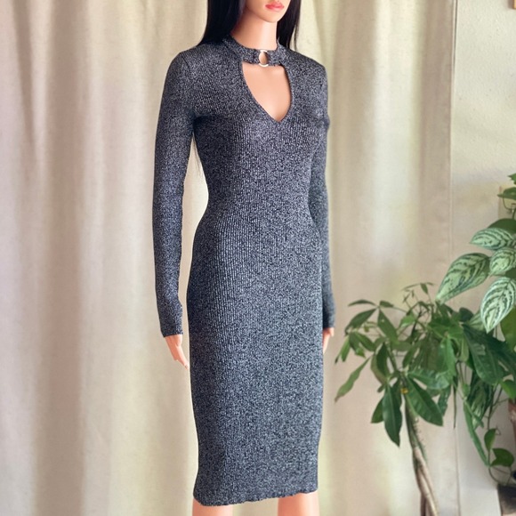 Dresses & Skirts - Metallic Silver Ribbed Bodycon Midi Dress Keyhole Ring Mock Neck Long Sleeve S